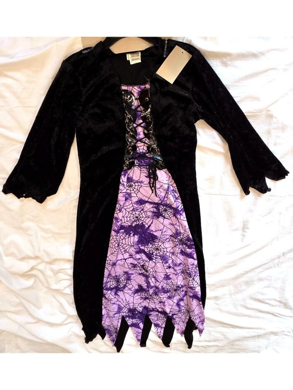 TIE DYE WITCH Halloween Costume black purple spiderweb dress Girls Large Kmart